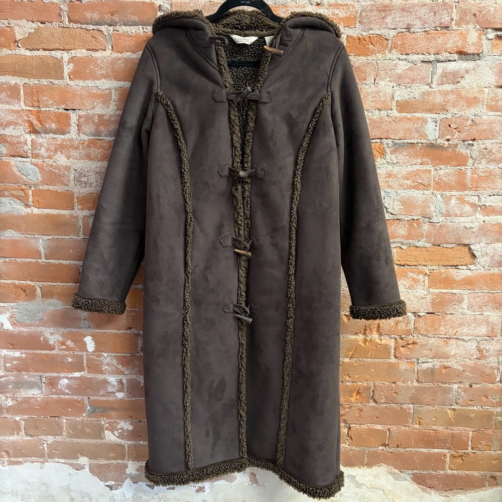 L.L. Bean Sherpa Lined Trim Faux Suede Trench Winter Coat Jacket Brown Medium